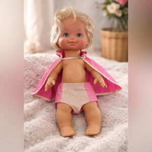 Vintage Mattel 16” Blonde Baby Doll Pink Cape Outfit 1970s